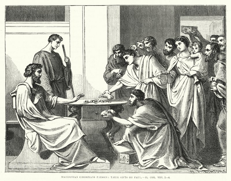 Macedonian Christians pressing their Gifts on Paul, II Corinthians VIII by English School
