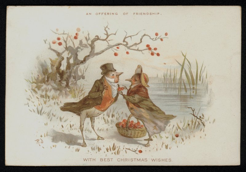 Male and female robins in costume. Christmas greetings card by English School