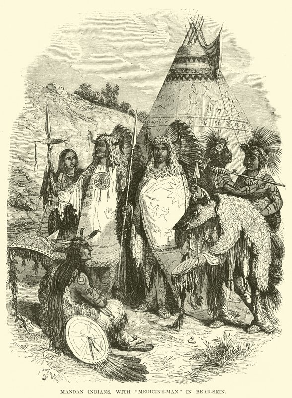 Mandan Indians, with medicine-man in bear-skin by English School