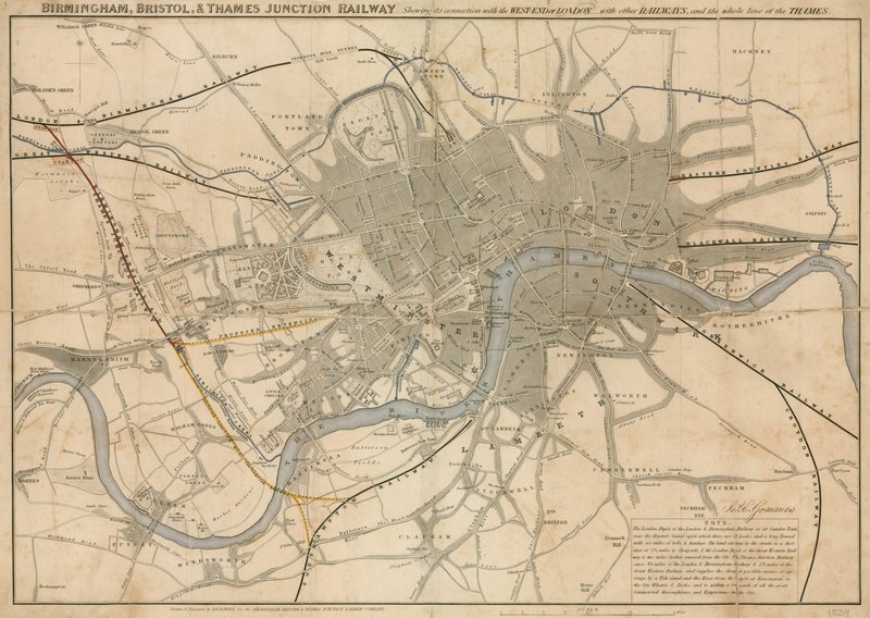 Map of London showing the Birmingham, Bristol, Thames Junction railway, 1839 by English School