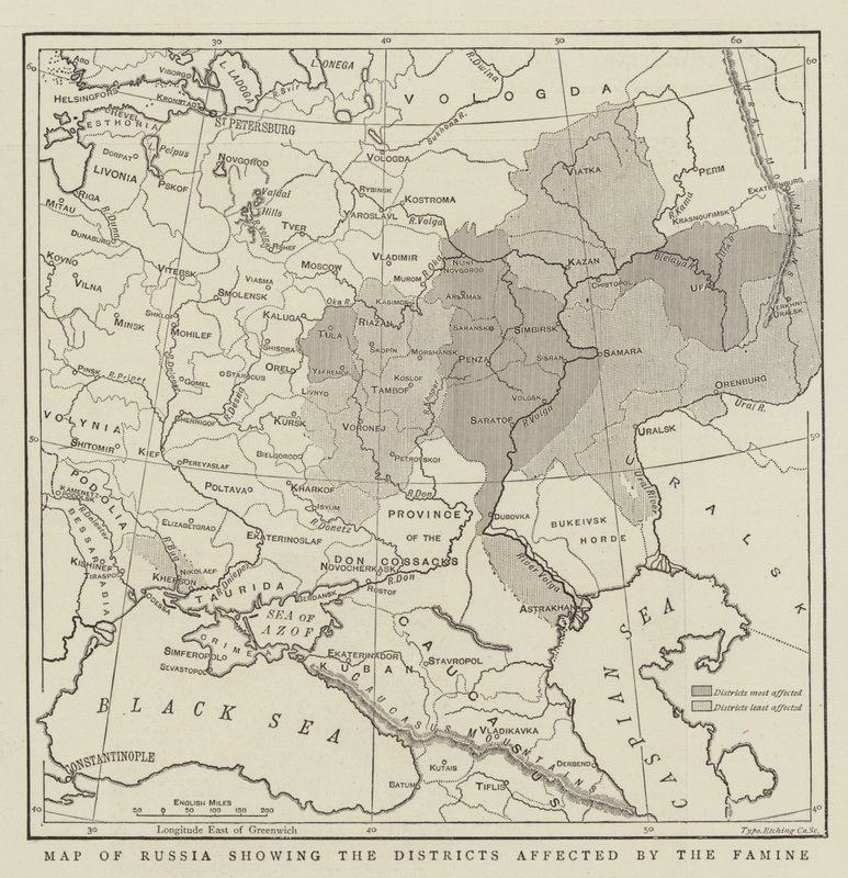 Map of Russia showing the Districts affected by the Famine by English School