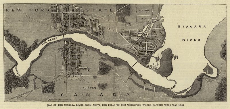 Map of the Niagara River from above the Falls to the Whirlpool where Captain Webb was Lost by English School