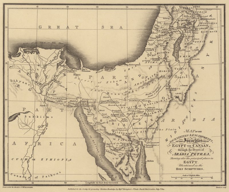 Map of the Journeyings and Encampments of the Israelites from Egypt to Canaan, Through the Desert by English School