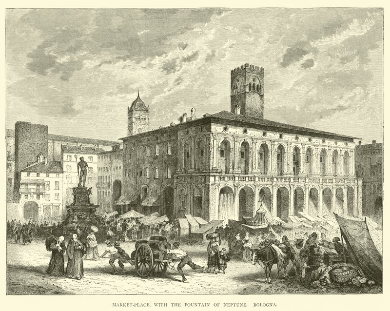 Market-place, with the Fountain of Neptune, Bologna by English School