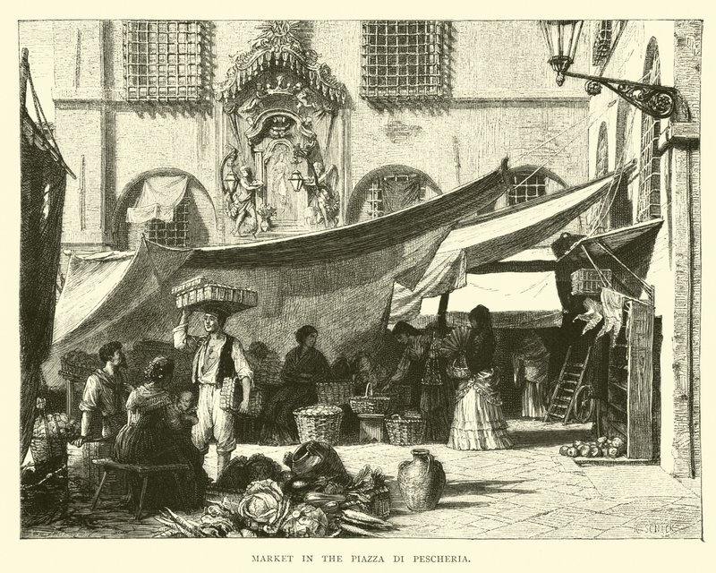 Market in the Piazza di Pescheria by English School