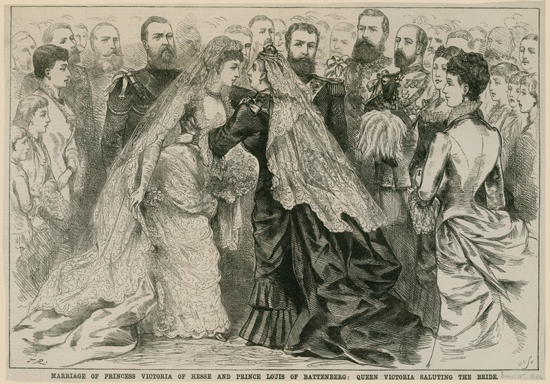 Marriage of Princess Victoria of Hesse and Prince Louis of Battenberg, Queen Victoria saluting the bride, 16 May 1884 by English School