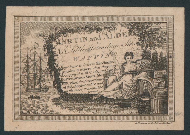 Martin and Alder, 8 Little Hermitage Street, Wapping, beer etc supplier, trade card by English School