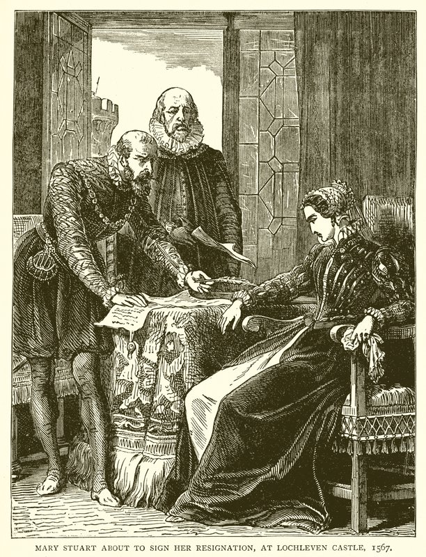 Mary Stuart about to Sign her Resignation, at Lochleven Castle, 1567 by English School