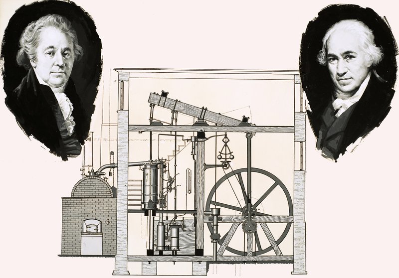 Matthew Boulton and James Watt with One of the Patented Steam Engines by English School