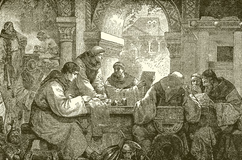 Medieval Culture--Monks in a Convent Illuminating and Transcribing Books by English School