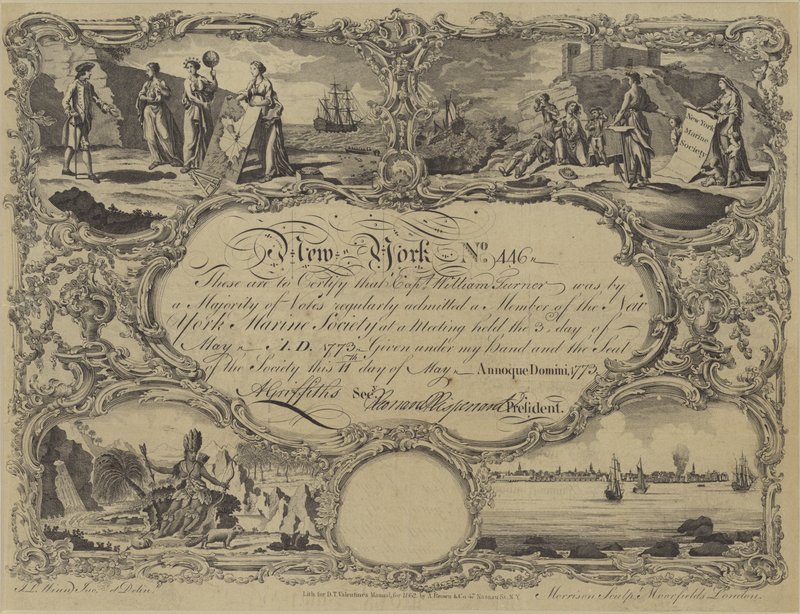 Membership certificate of the New York Marine Society, 1773 by English School