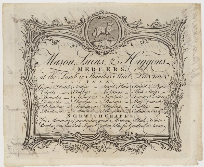 Mason Lucas and Higgons Mercer, trade card by English School