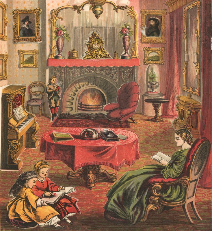 Mother and children in sitting room by English School