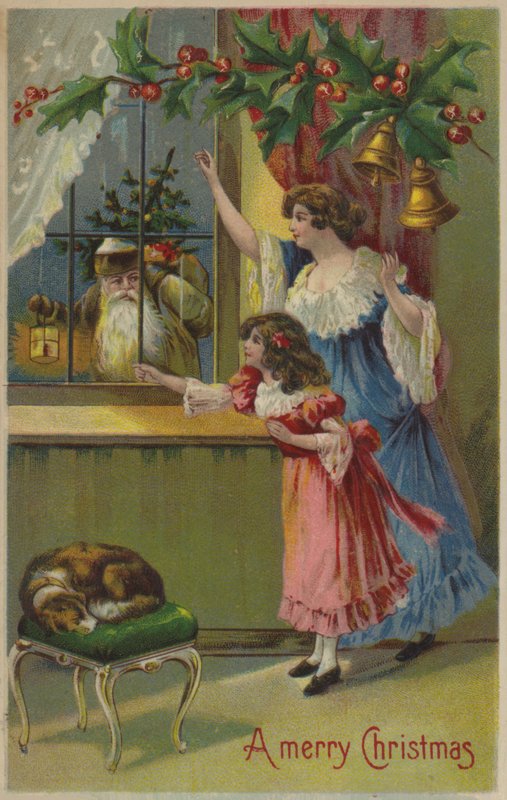 Mother and daughter, waving to Santa Claus by English School