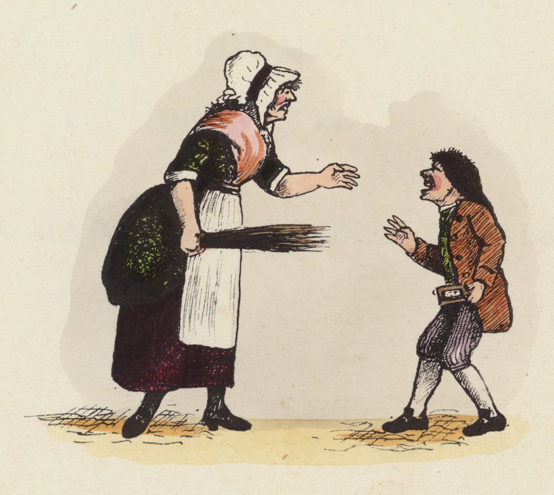 Mother, or school dame, disciplining a boy holding a horn book by English School