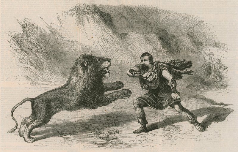 Mr. Crockett, the Lion-Tamer, Performing with His Lions at Astley
