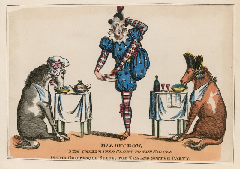 Mr John Ducrow, the celebrated clown to the circle in the grotesque scene, the tea and supper party by English School