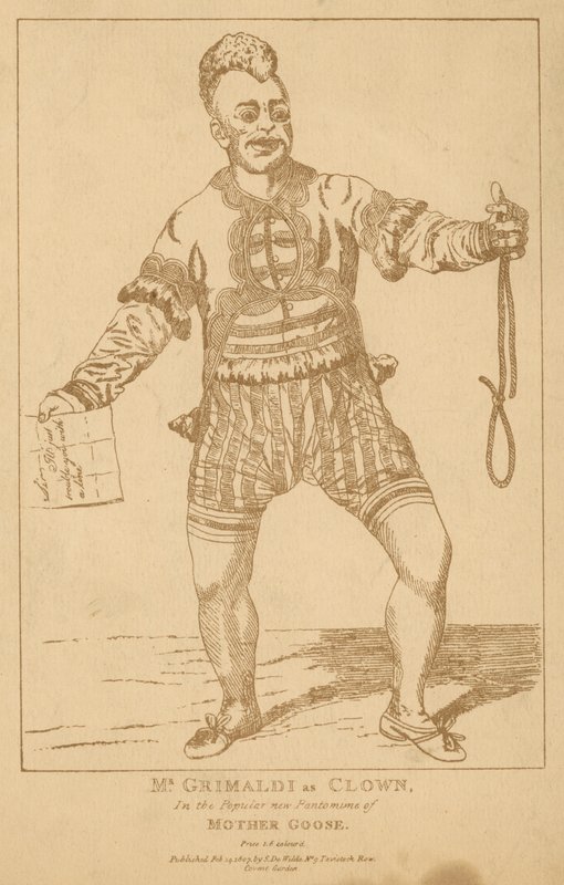 Mr Joseph Grimaldi as Clown in the popular pantomime Mother Goose by English School