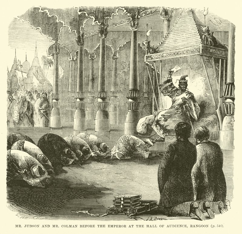 Mr Judson and Mr Colman Before the Emperor at the Hall of Audience, Rangoon by English School