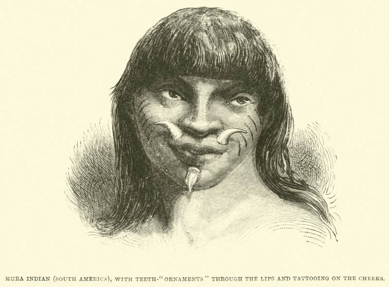 Mura Indian (South America), with teeth-ornaments through the lips and tattooing on the cheeks by English School