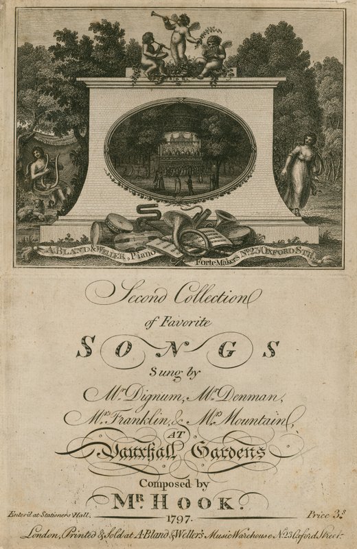 Musical score collecting favourite songs sung at Vauxhall Gardens, London, composed by Mr. Hook by English School