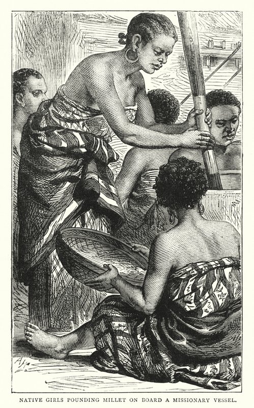 Native Girls Pounding Millet on Board a Missionary Vessel by English School