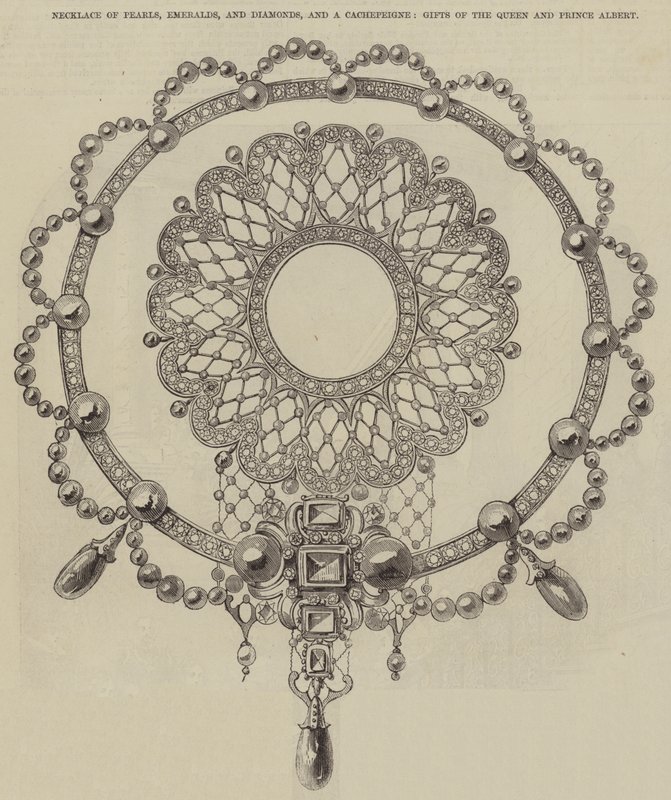 Necklace of Pearls, Emeralds, and Diamonds, and a Cachepeigne, Gifts of the Queen and Prince Albert by English School