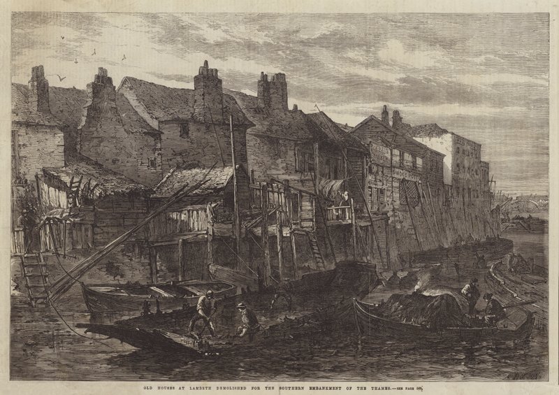 Old Houses at Lambeth demolished for the Southern Embankment of the Thames by English School