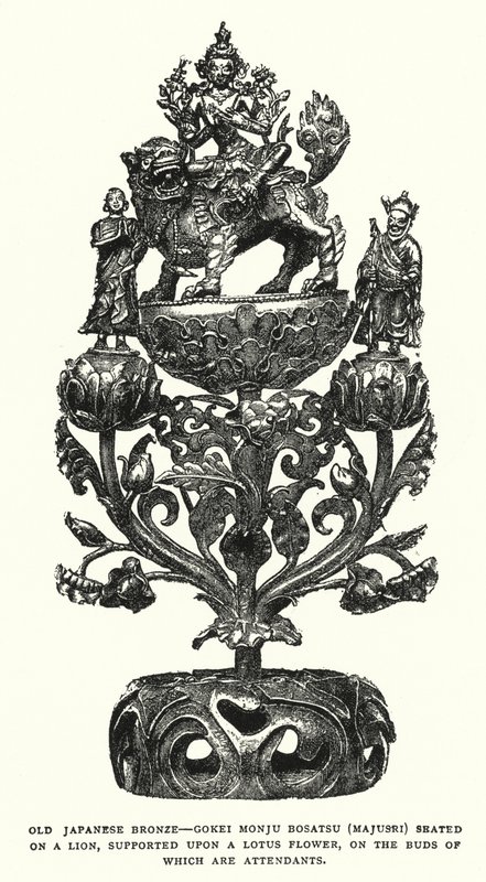 Old Japanese Bronze, Gokei Monju Bosatsu (Majusri) Seated on a Lion, Supported Upon a Lotus Flower, on the Buds of Which Are Attendants by English School