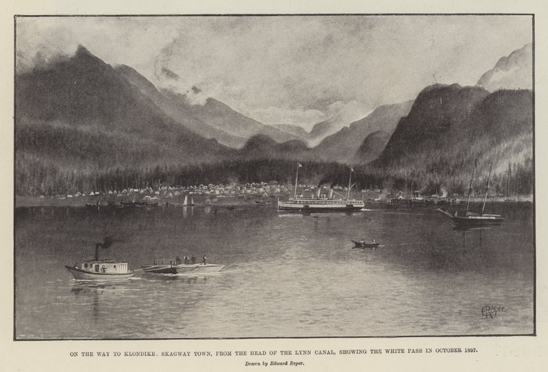 On the Way to Klondike, Skagway Town, from the Head of the Lynn Canal, showing the White Pass in October 1897 by English School