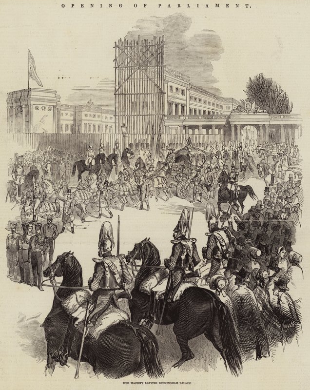 Opening of Parliament, Her Majesty Leaving Buckingham Palace (engraving) by English School