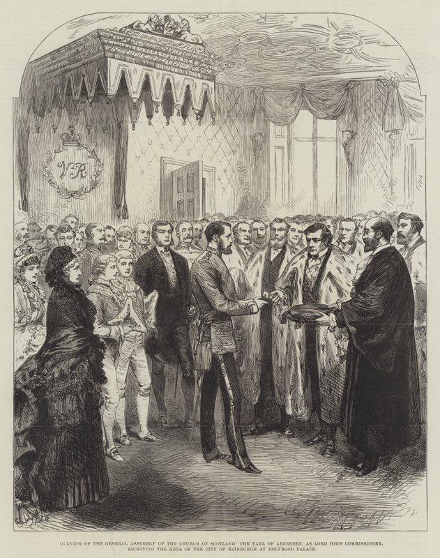 Opening of the General Assembly of the Church of Scotland, the Earl of Aberdeen, as Lord High Commissioner, receiving the Keys of the City of Edinburgh at Holyrood Palace (engraving) by English School
