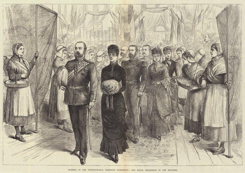 Opening of the International Fisheries Exhibition, the Royal Procession in the Building (engraving) by English School