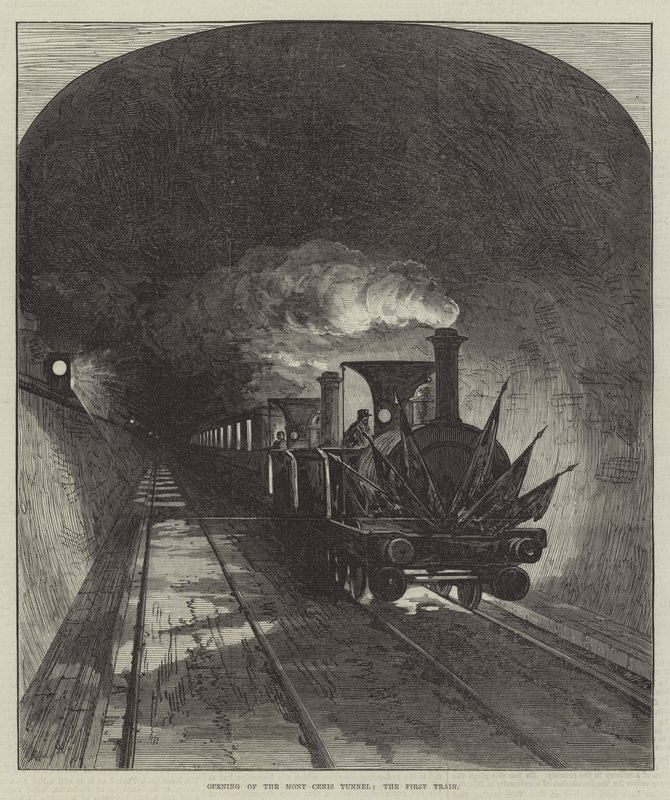Opening of the Mont Cenis Tunnel, the First Train (engraving) by English School