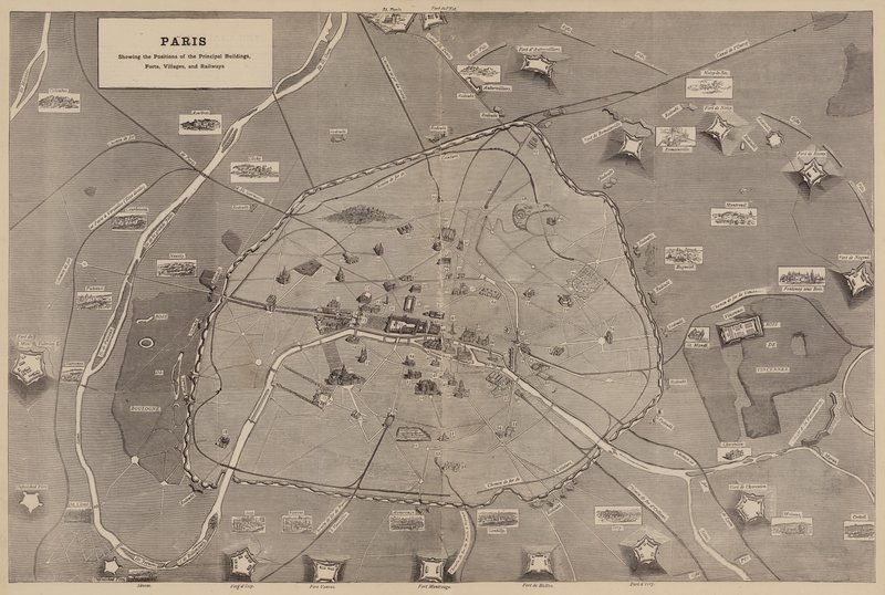 Paris, showing the Positions of the Principal Buildings, Forts, Villages, and Railways by English School