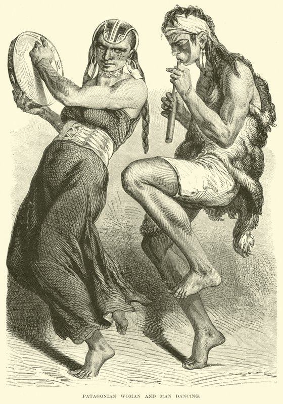 Patagonian woman and man dancing by English School