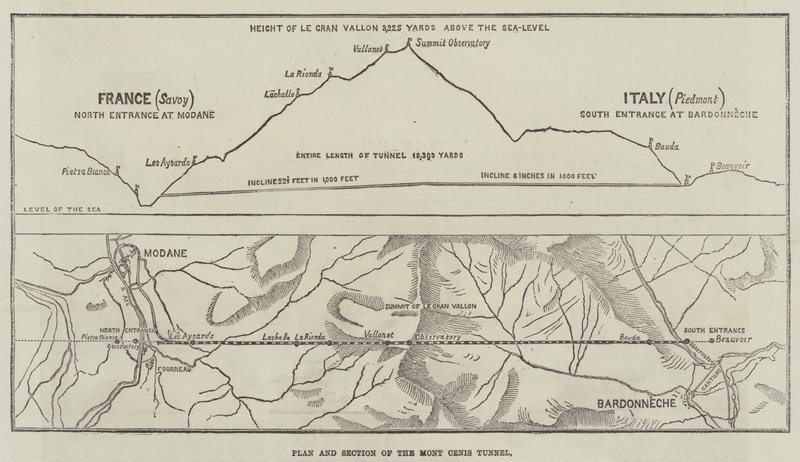 Plan and Section of the Mont Cenis Tunnel (engraving) by English School