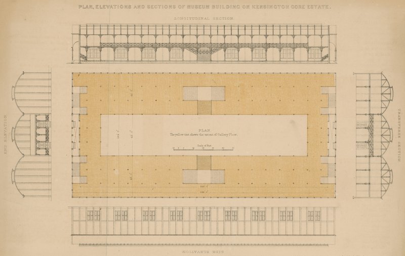 Plan, Elevations and Sections of Museum Building on Kensington Gore Estate by English School