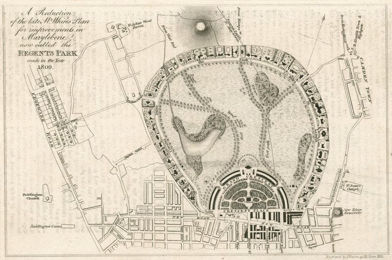 Plan for improvements in Marylebone, London, now called the Regents Park, made in the year 1809 by English School