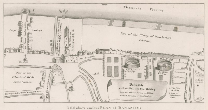 Plan of Bankside on the River Thames based on an ancient survey made in the reign of Queen Elizabeth, showing the Bull and Bear Baiting by English School
