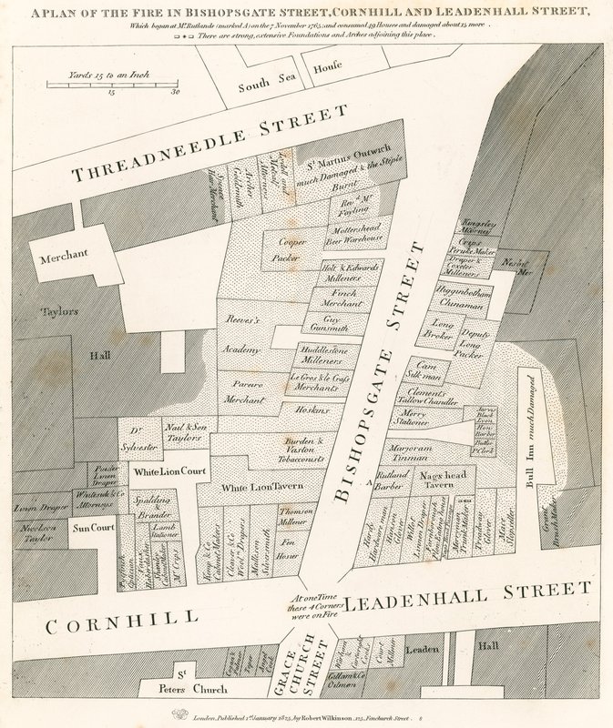 Plan of the fire in Bishopsgate Street, Cornhill and Leadenhall Street, London, which began on 7 November 1765 by English School