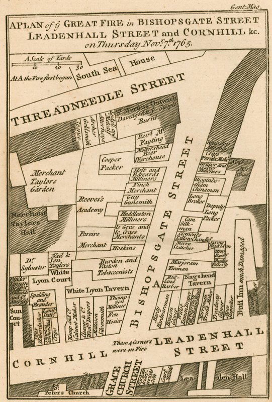 Plan of the fire in Bishopsgate Street, Cornhill and Leadenhall Street, London, which began on 7 November 1765 by English School