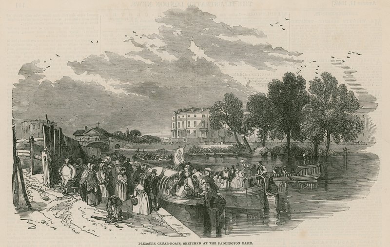 Pleasure canal boats, sketched at the Paddington Basin, Regents Canal, London by English School