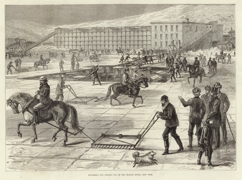 Ploughing and Storing Ice on the Hudson River by English School