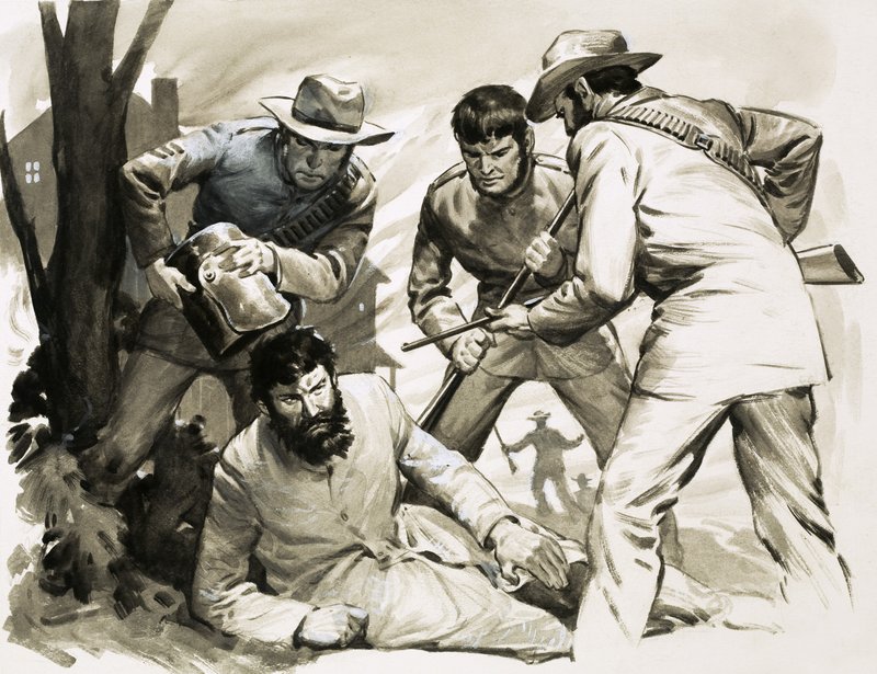 Policemen wrench the helmet from the notorious Ned Kelly by English School