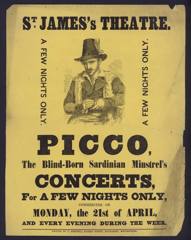 Poster advertising concerts by Picco, a blind Sardinian Minstrel at St James