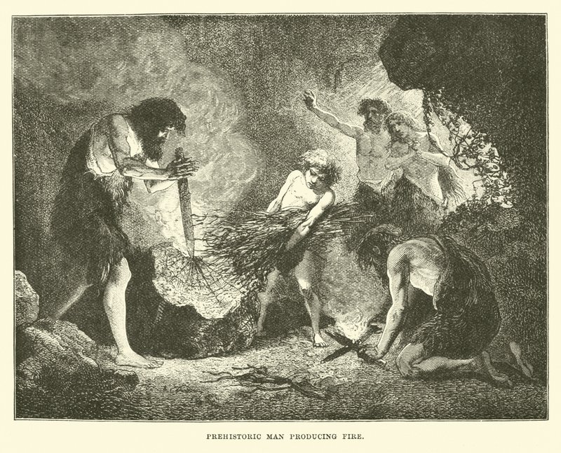 Prehistoric Man Producing Fire by English School
