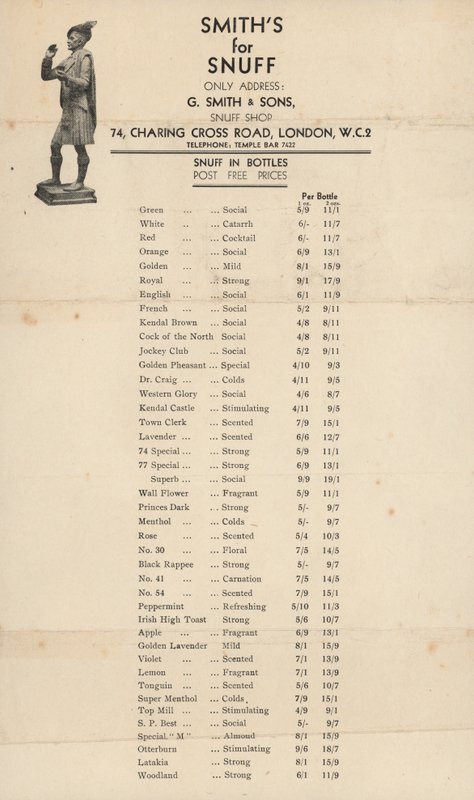 Price list for G Smith & Sons, Snuff Shop by English School