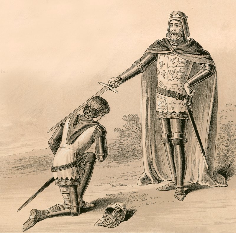 Prince Edward, the Black Prince, being knighted by his father, King Edward III by English School
