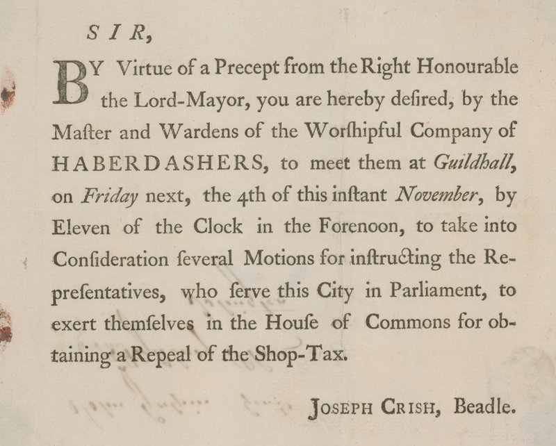Printed Letter from Joseph Crish, Beadle of Guildhall, London by English School